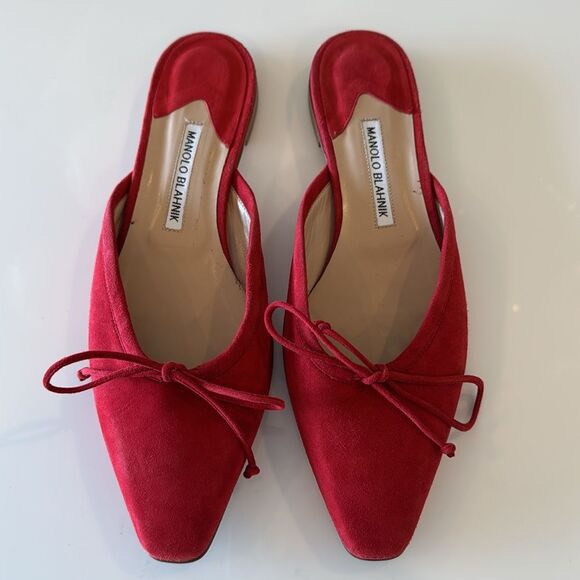 Manolo Blahnik Shoes - Manolo Blahnik Ballerimu Red Suede Bow Ballerina Flats Mules Shoes Size 40 US 10